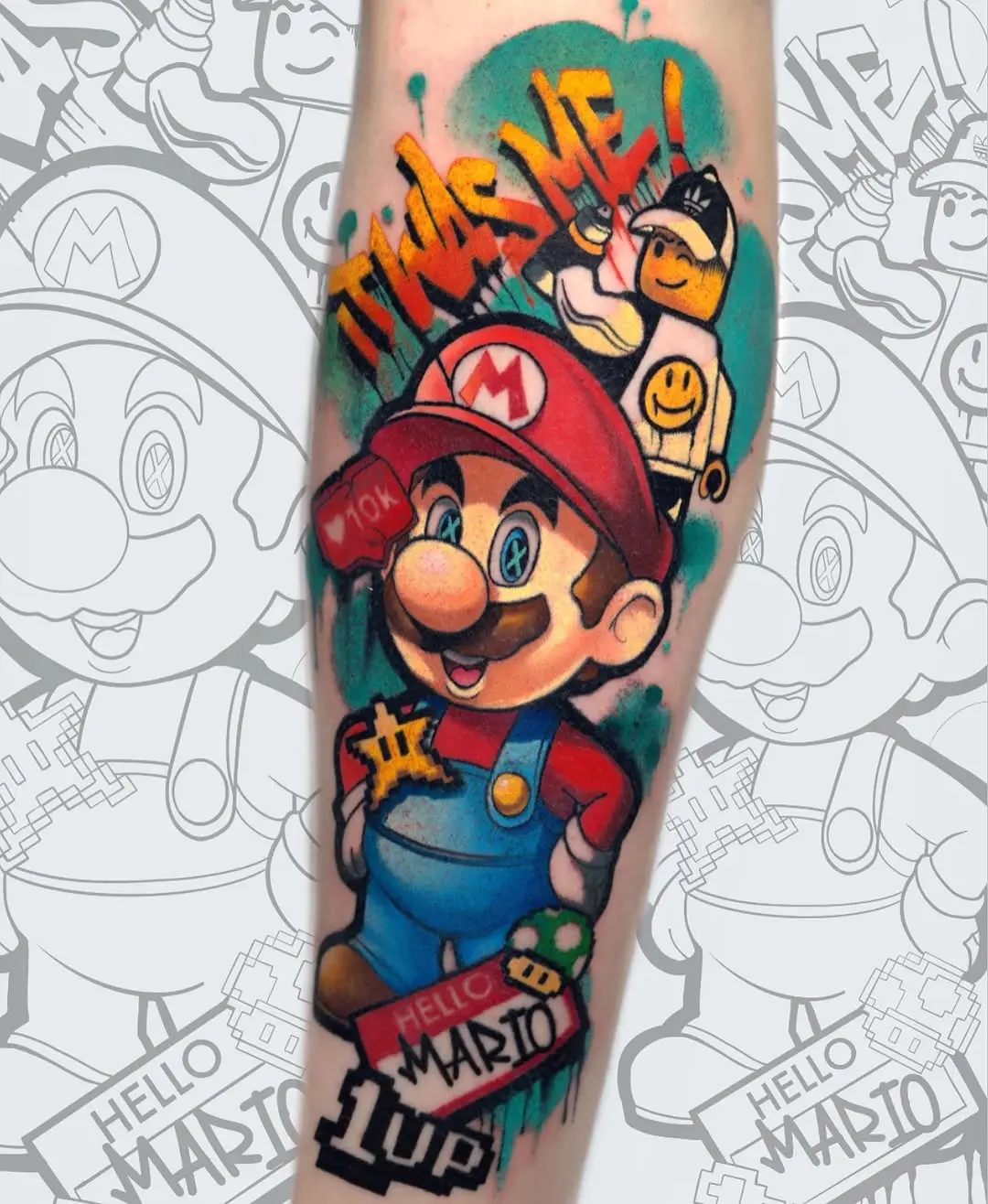 Playful Super Mario tattoo with vibrant colors