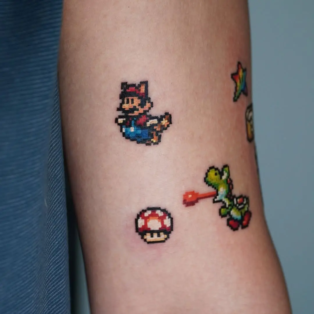 Colorful Pixelated Mario Tattoos Splashing Fun