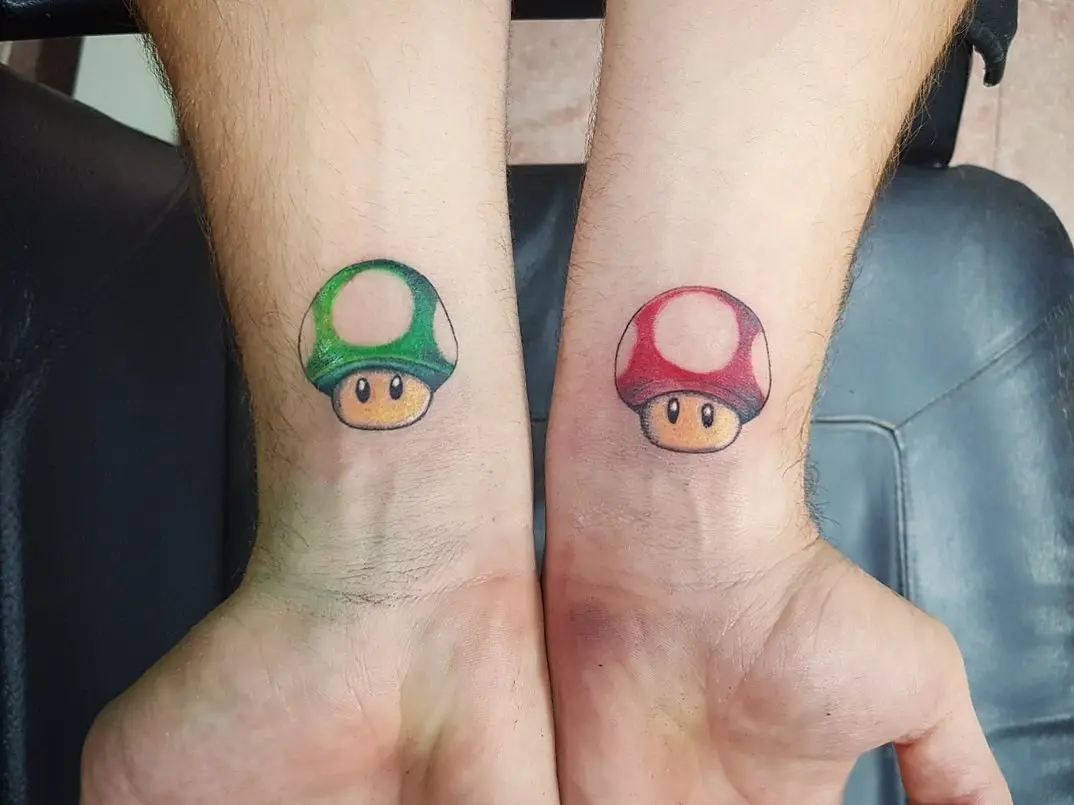 Vibrant Mario Mushroom Tattoos on Display