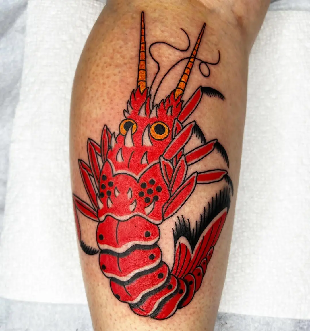 Vivid and bold lobster tattoo design.