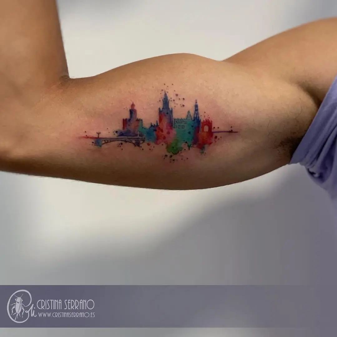 A vibrant skyline tattoo showcasing city charm