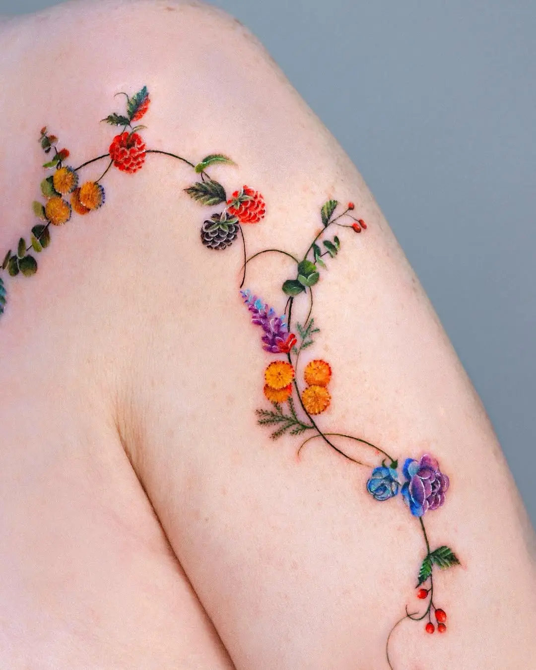 Colorful Floral Vine Tattoo on Shoulder