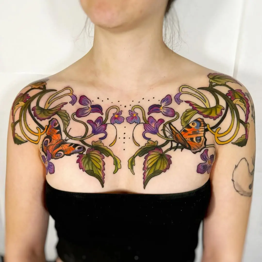 Vibrant violet tattoos with butterfly accents