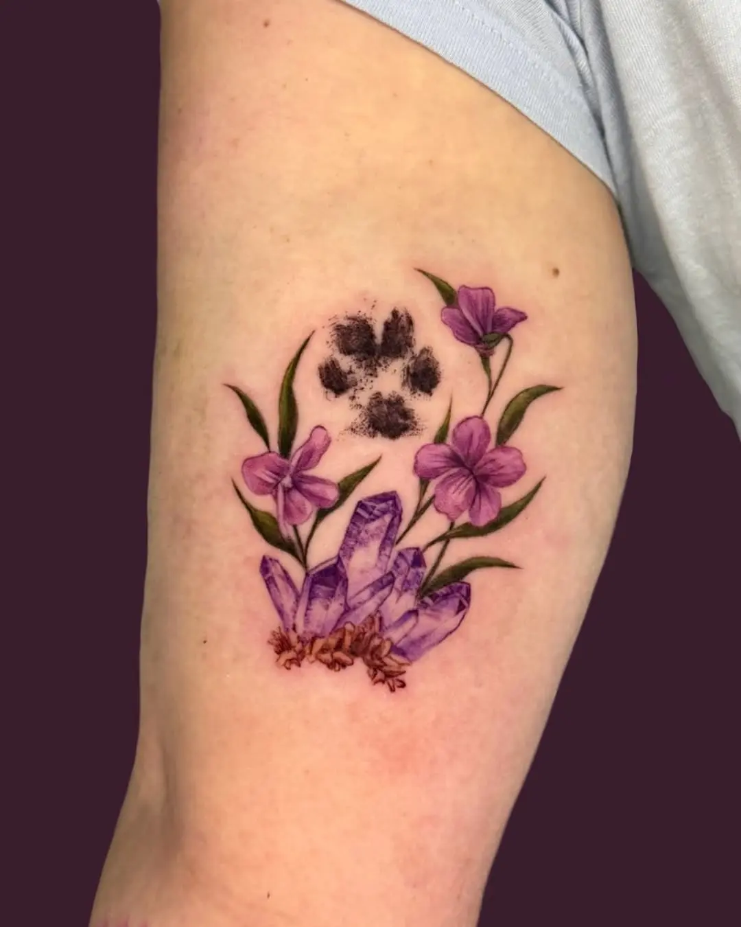 Elegant violet flowers with crystal accents tattoo