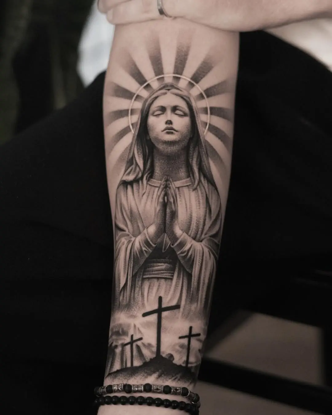 Divine Virgin Mary Tattoo with Sunburst Effect