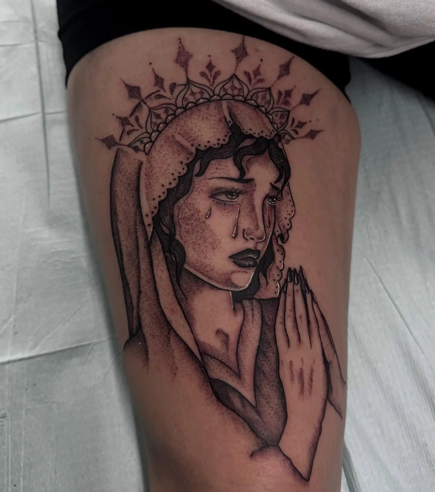 Stunning Virgin Mary Tattoo in Praying Pose