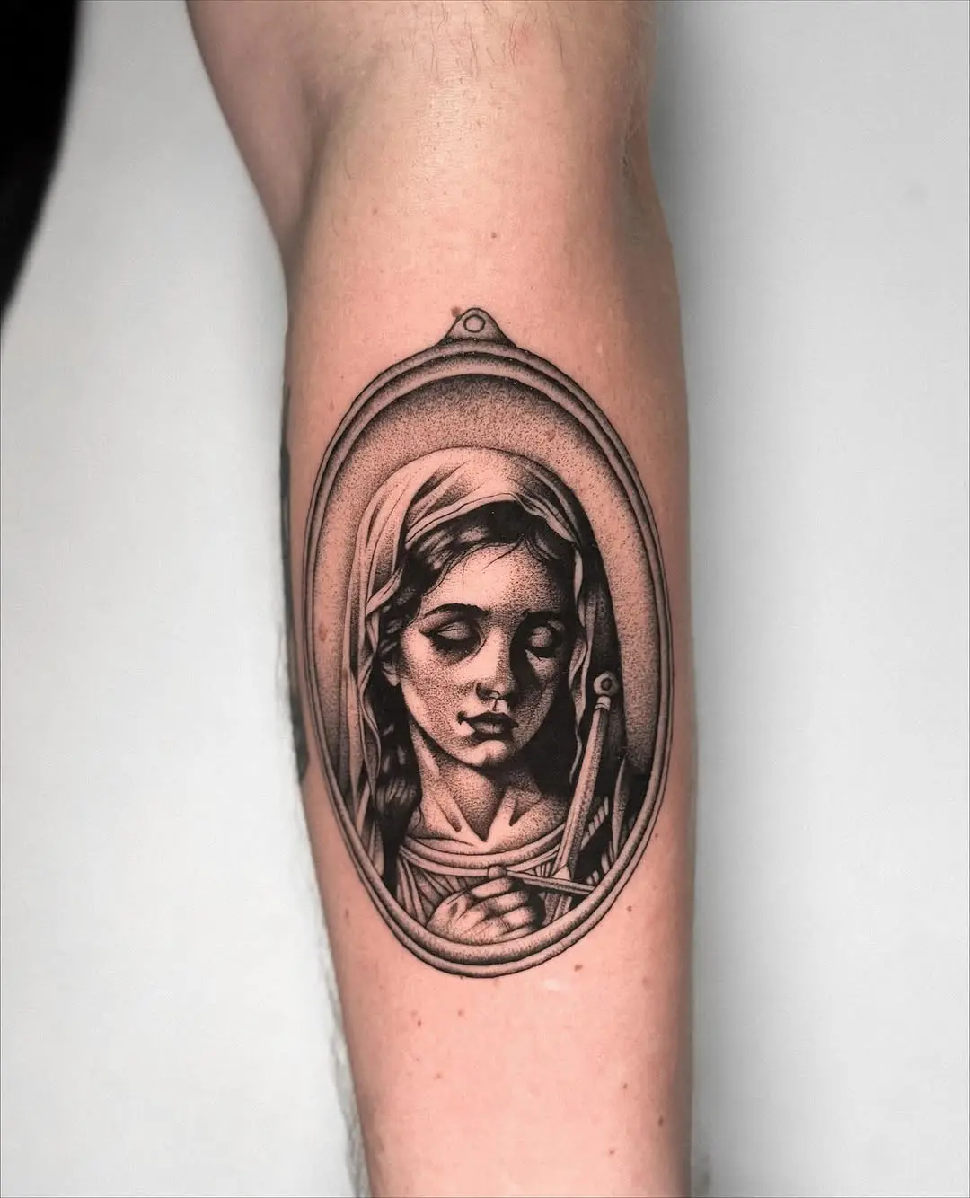 Beautiful Virgin Mary Tattoo in Black and Grey