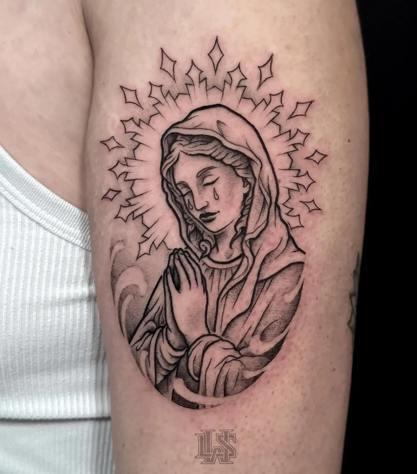 Elegant Virgin Mary Tattoo with Praying Hands