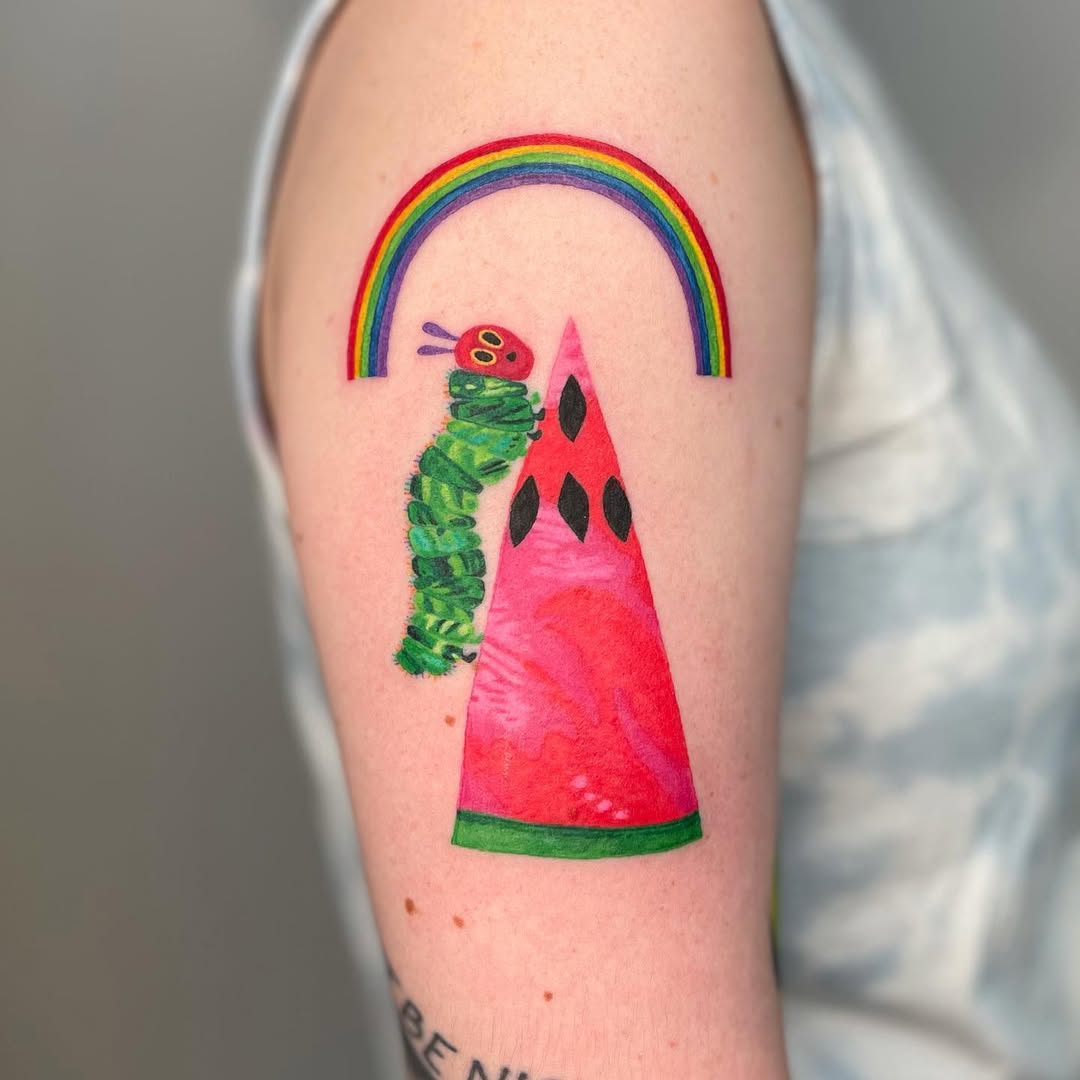 Whimsical watermelon tattoo with vibrant details