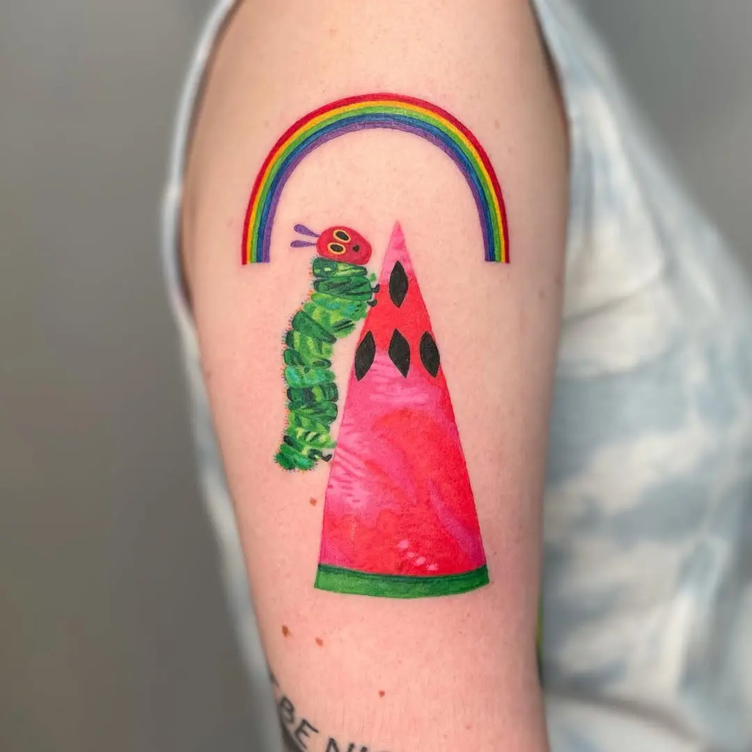 Whimsical watermelon tattoo with vibrant details