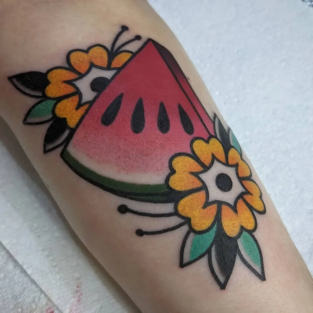 Colorful watermelon slice with floral elements