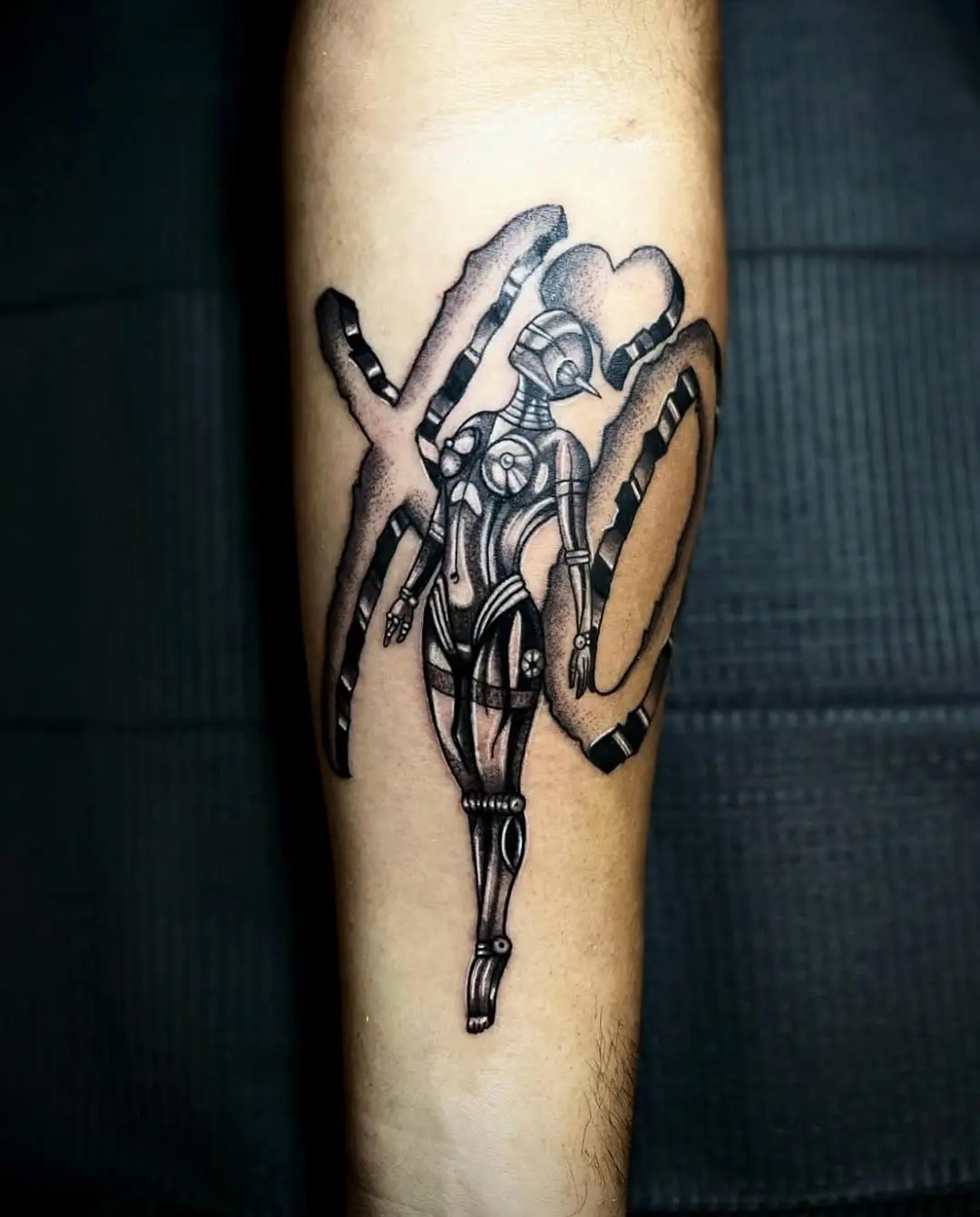 Futuristic XO Tattoo with Robot and Heart