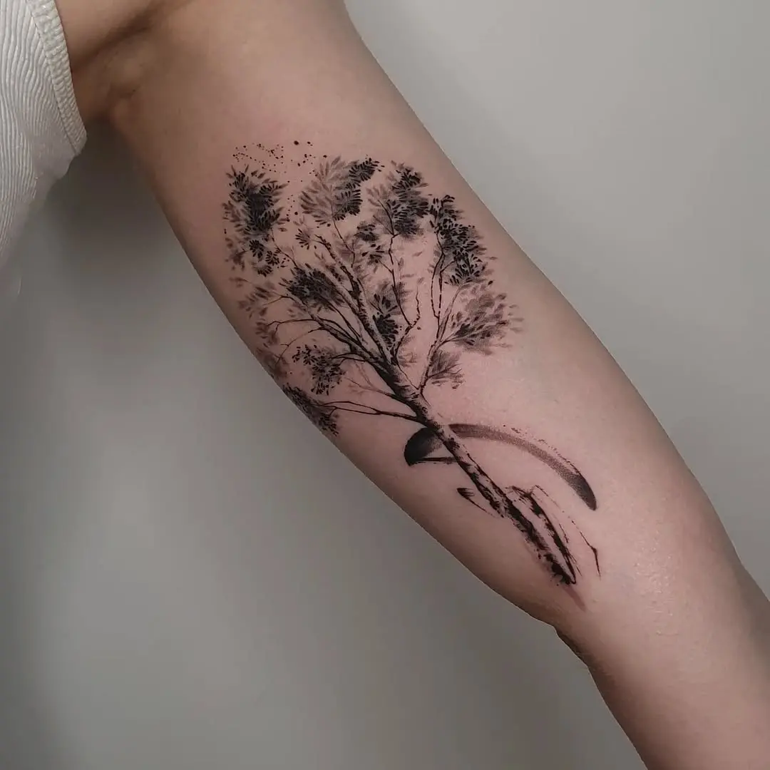 Stunning black ink birch tree tattoo design