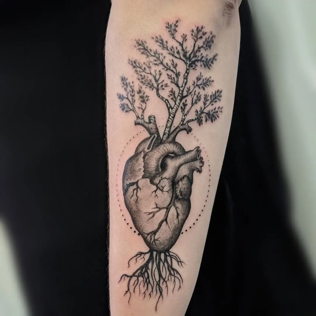 Symbolic birch tree heart tattoo design