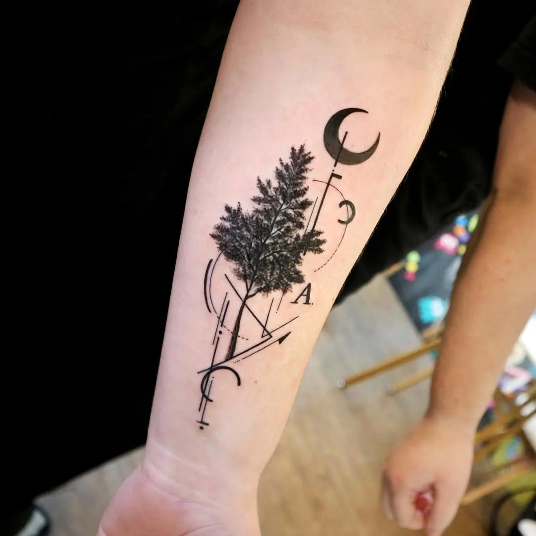 Minimalist birch tree with geometric elements