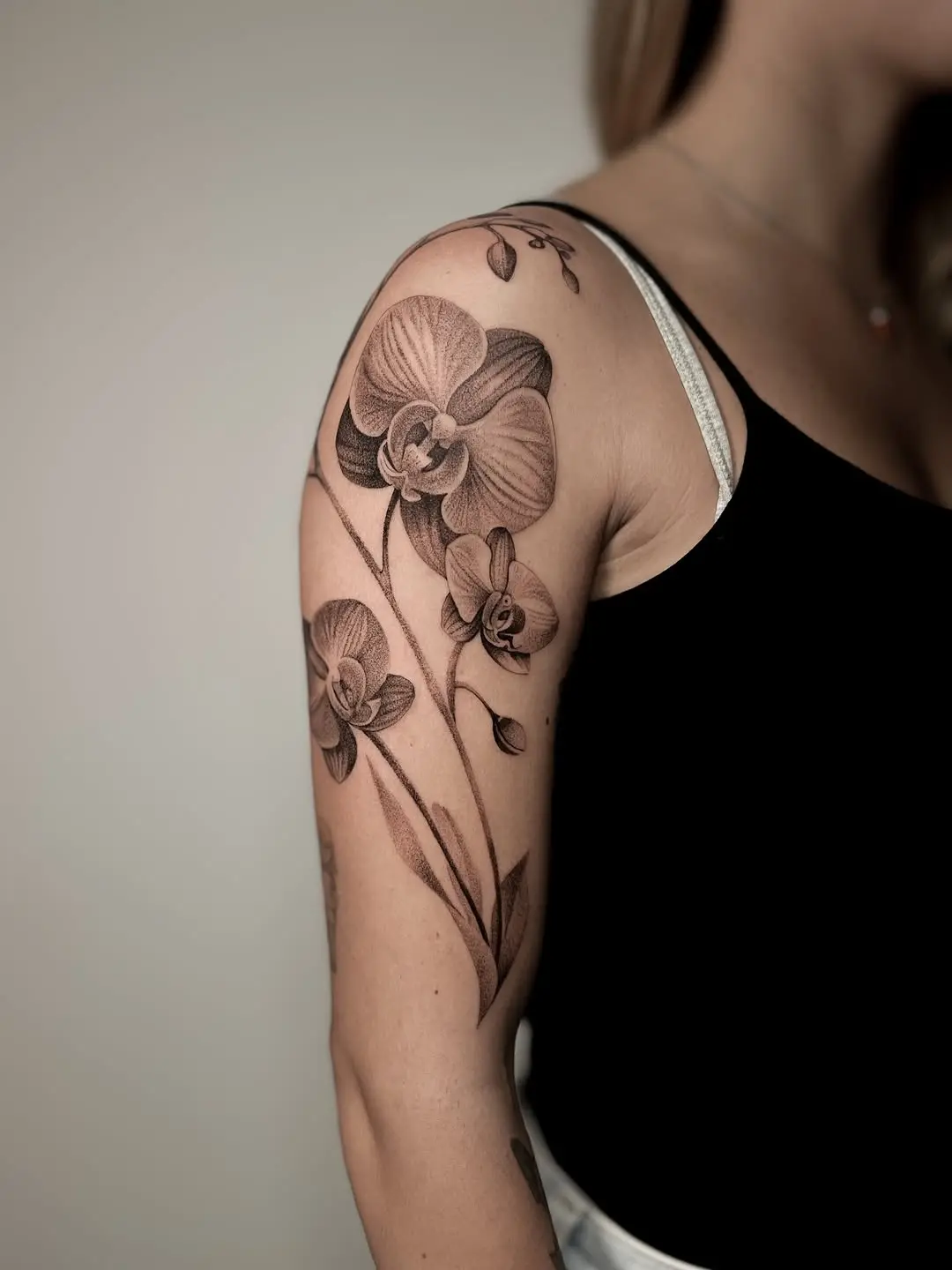Stunning black and gray orchid tattoo design