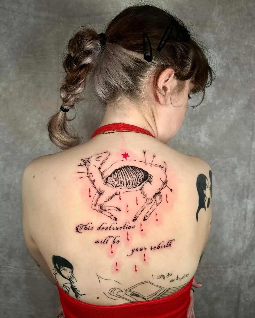 Striking ethereal tattoo of a skeletal deer