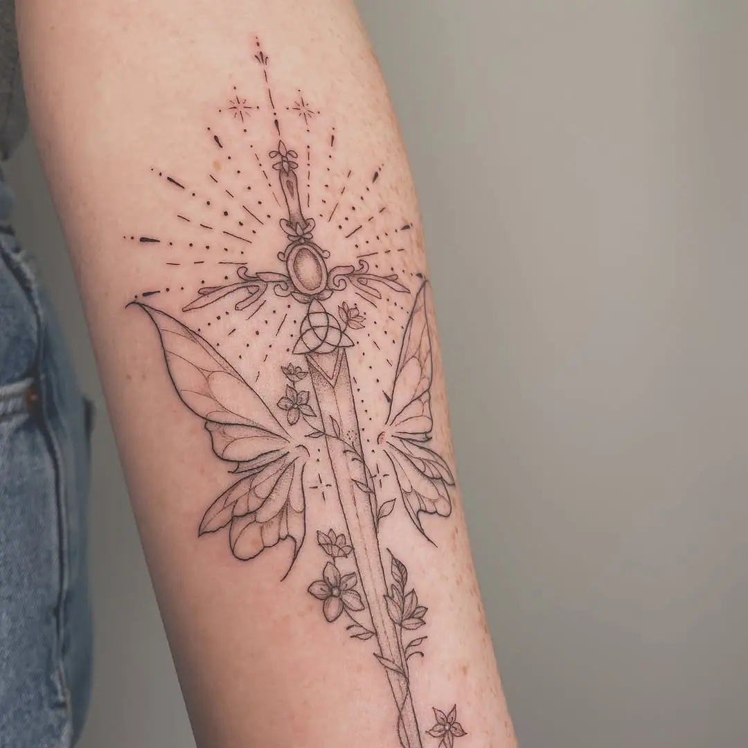 Elegant sword intertwined with celestial butterflies