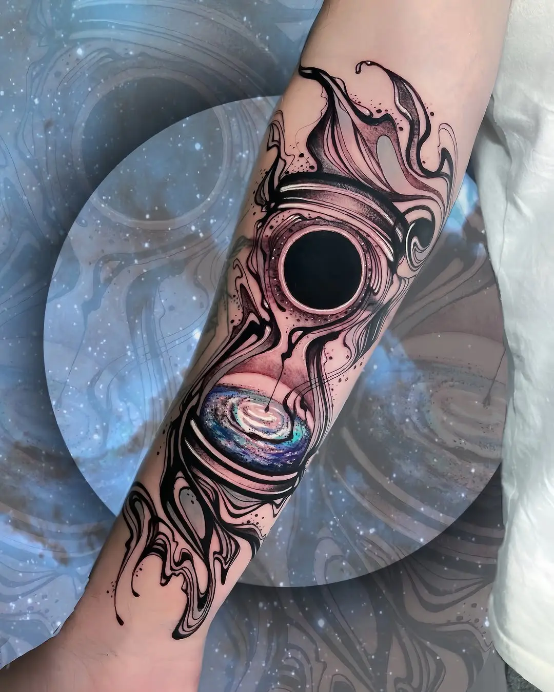 Cosmic gas mask tattoo with swirling effects
