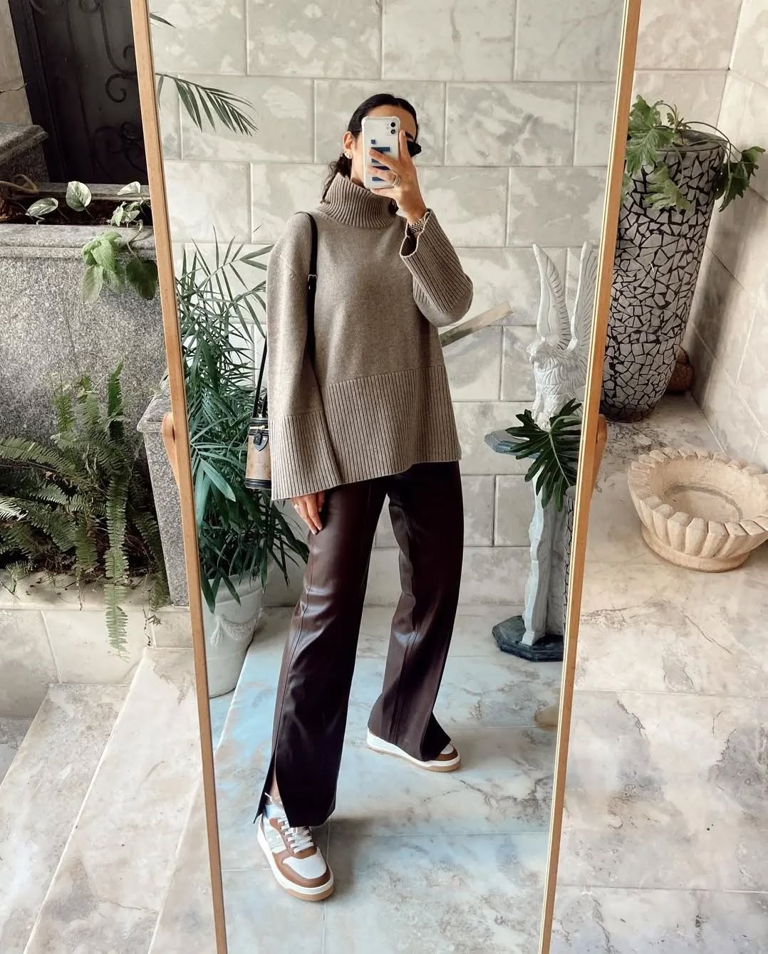 Chic Leather Pants with Cozy Knit Sweater