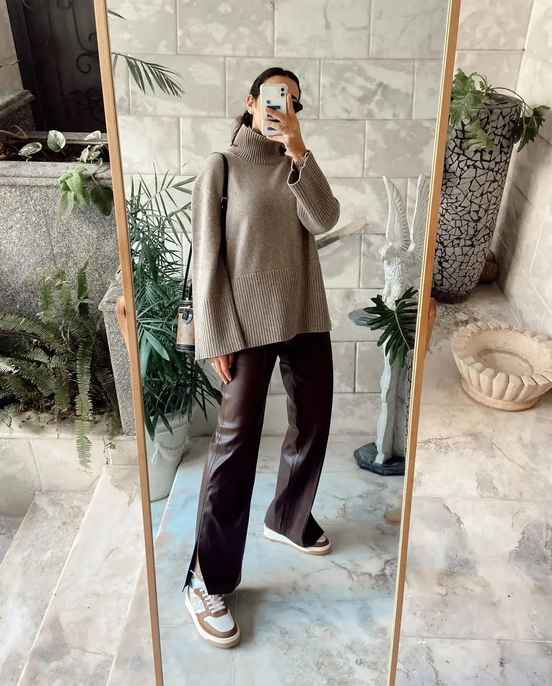Chic Leather Pants with Cozy Knit Sweater