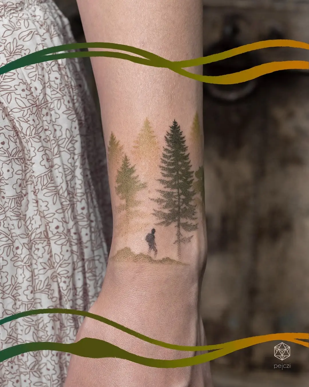 Stunning fern leaf tattoo with forest scenery