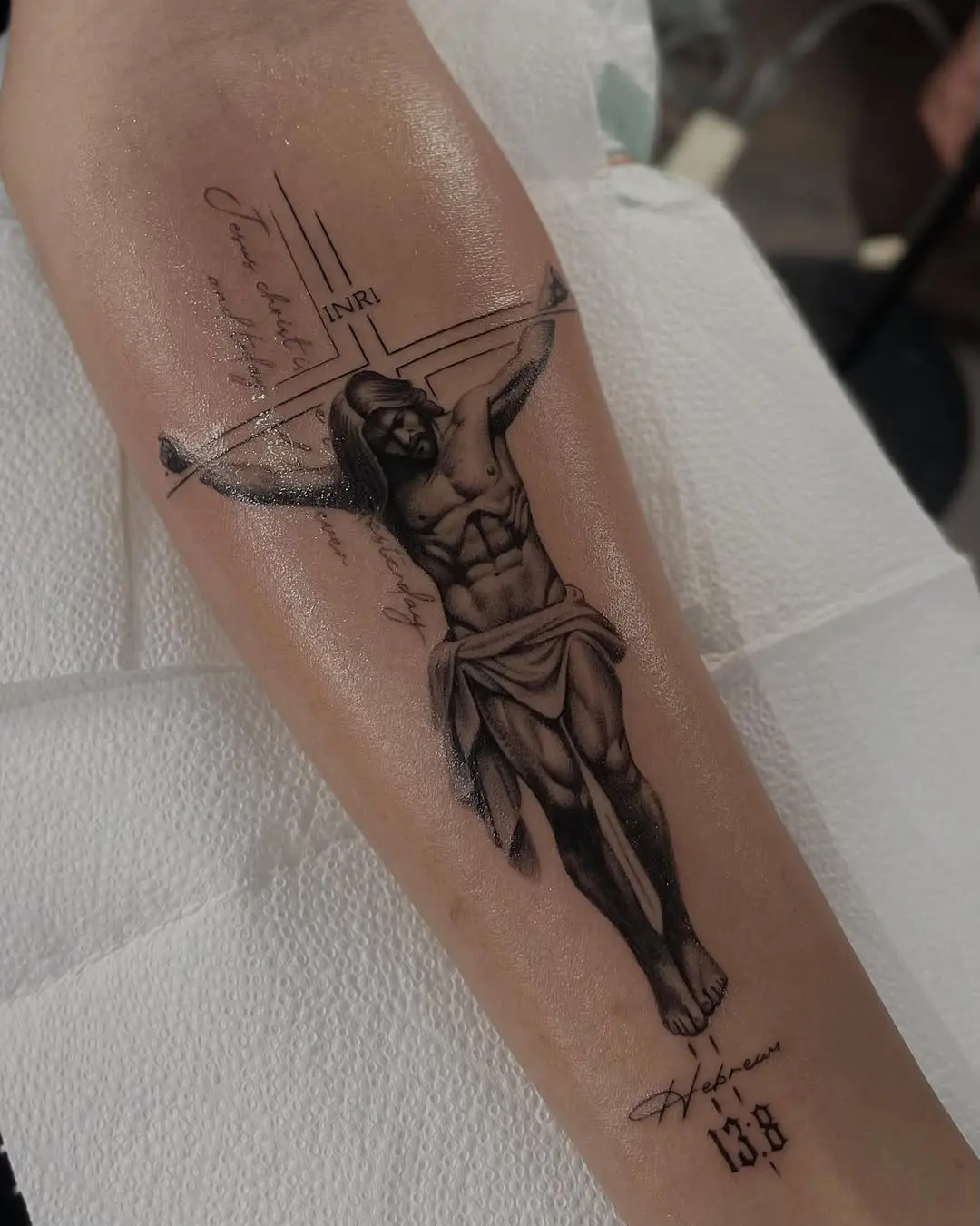 Stunning Jesus Crucifixion Tattoo in Black and Gray