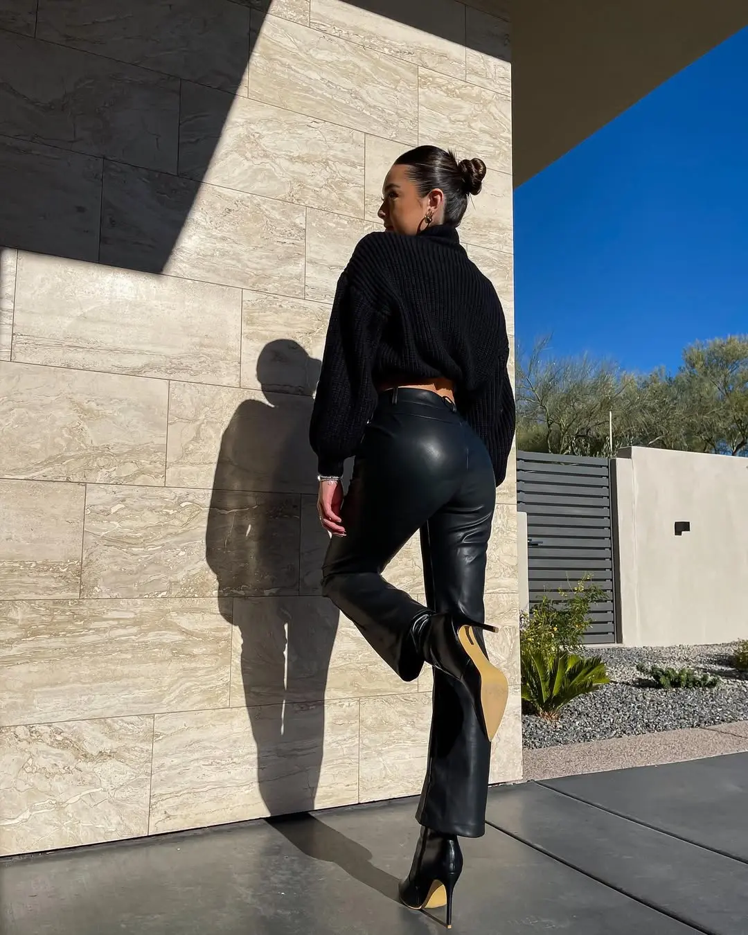 Stylish Black Leather Pants with Cozy Sweater