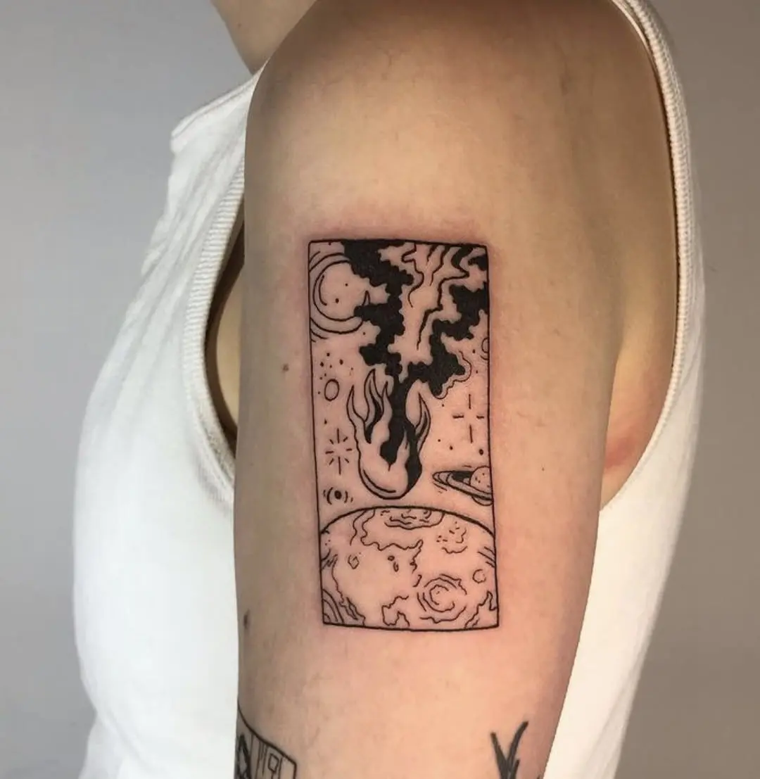 Cosmic fire tattoo with celestial elements