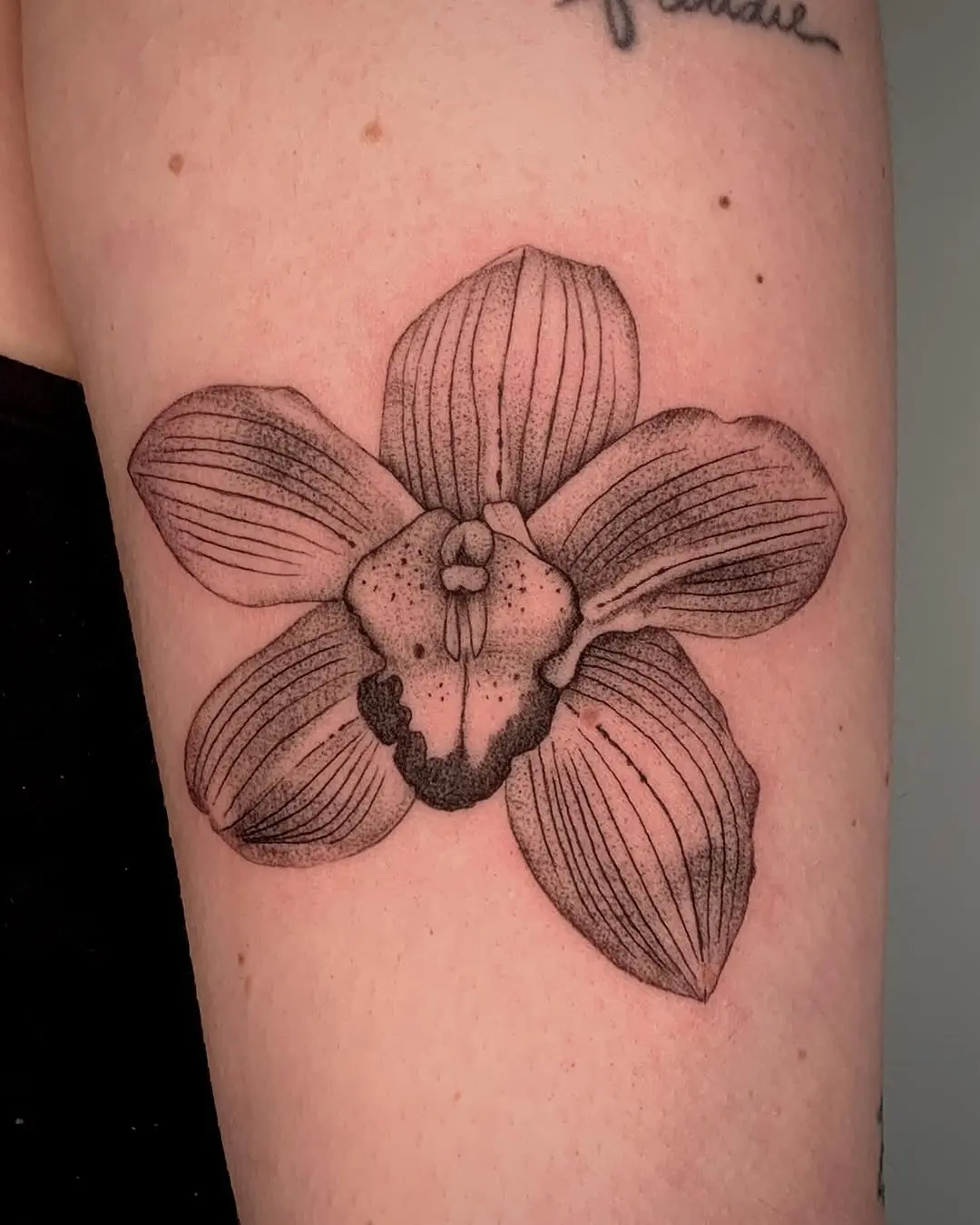 Elegant black-and-gray orchid tattoo design
