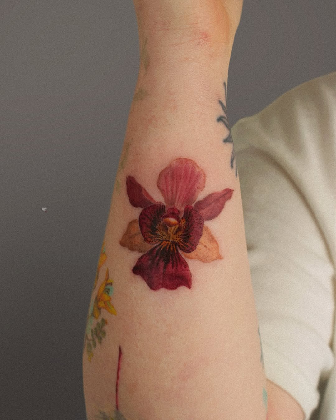 Vibrant orchid tattoo on the forearm