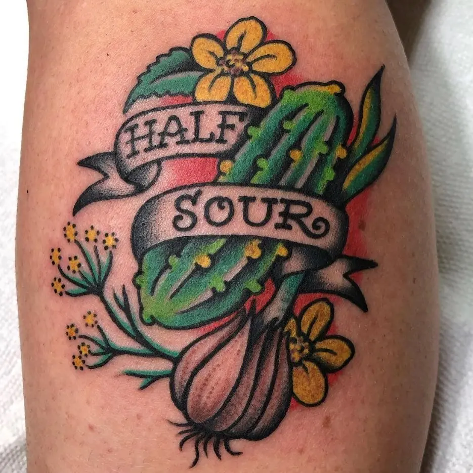 Colorful Half Sour Pickle Tattoo with Flowers