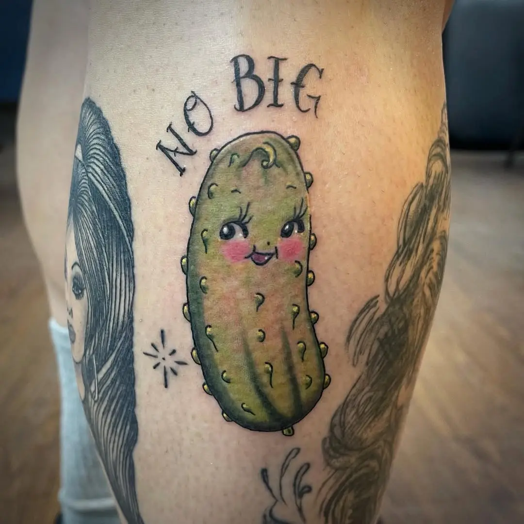 Adorable pickle tattoo with a quirky saying