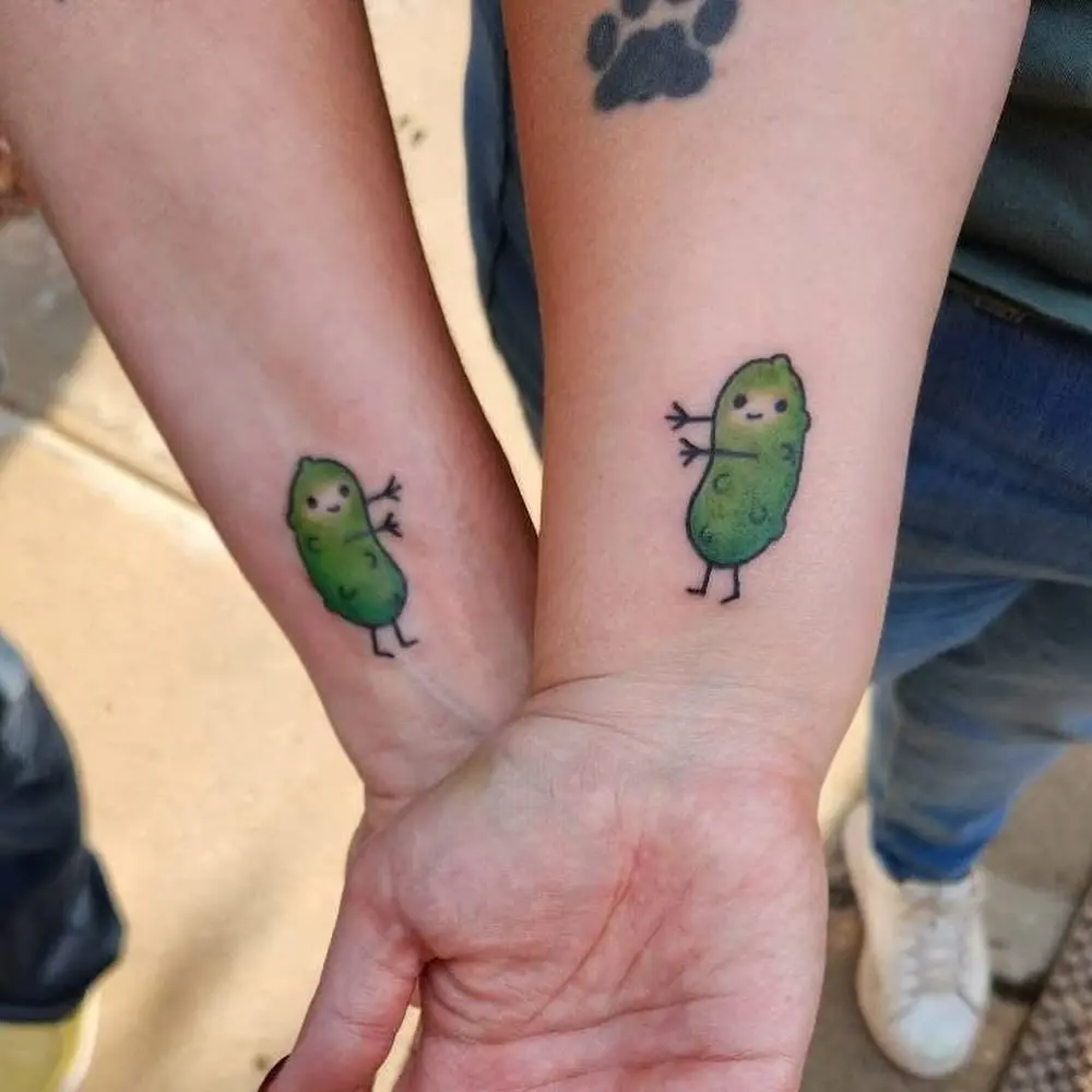 Cute pickle tattoos celebrating friendship and fun