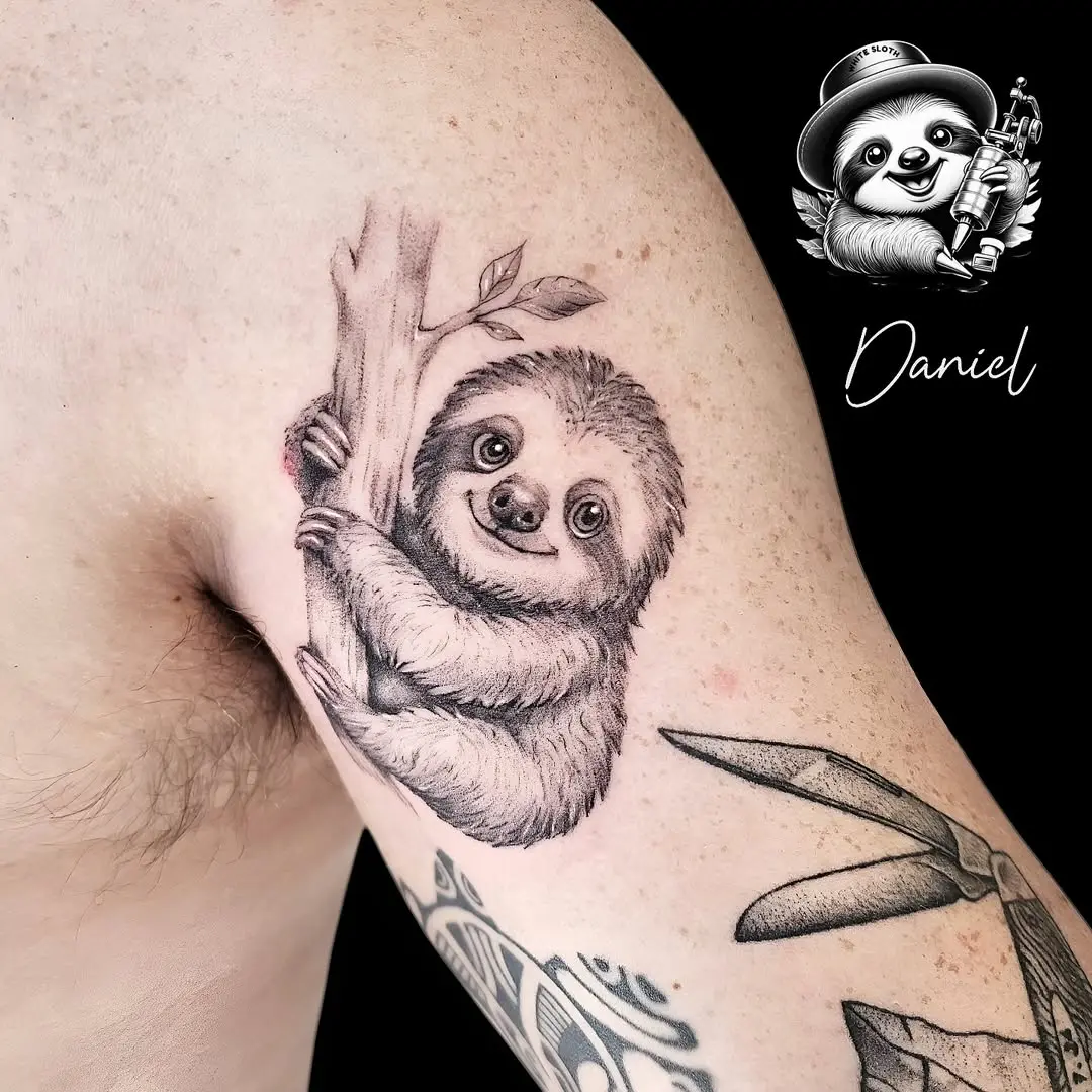 Adorable sloth tattoo with a tree branch