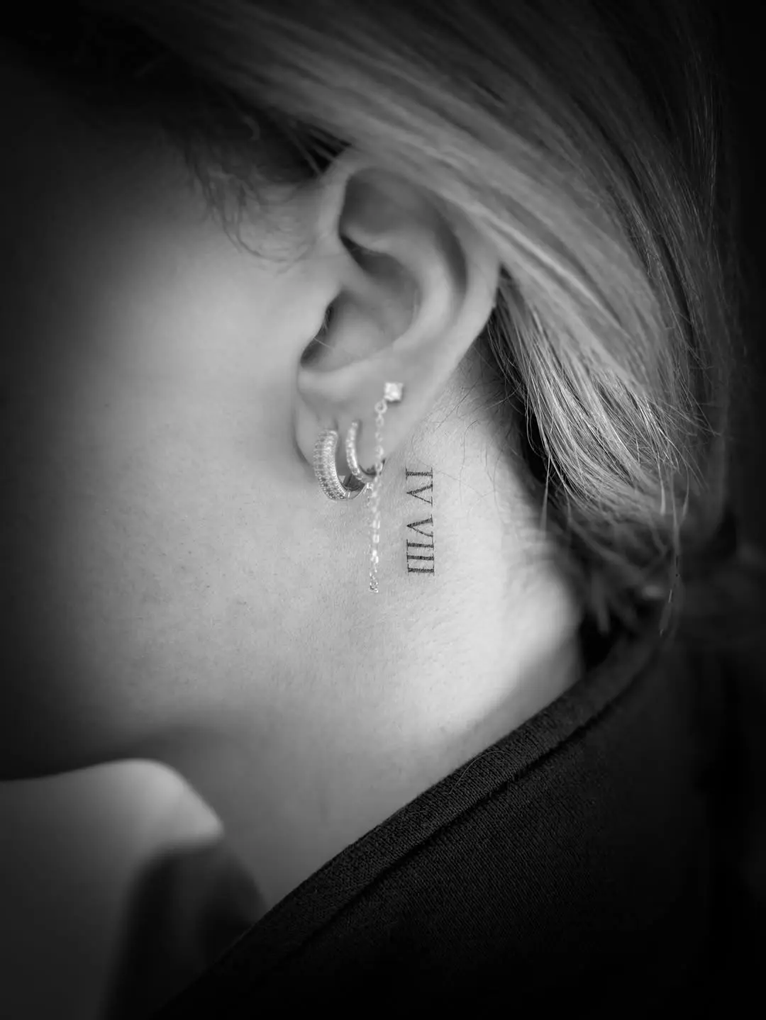 Elegant Roman Numeral Tattoo Behind the Ear