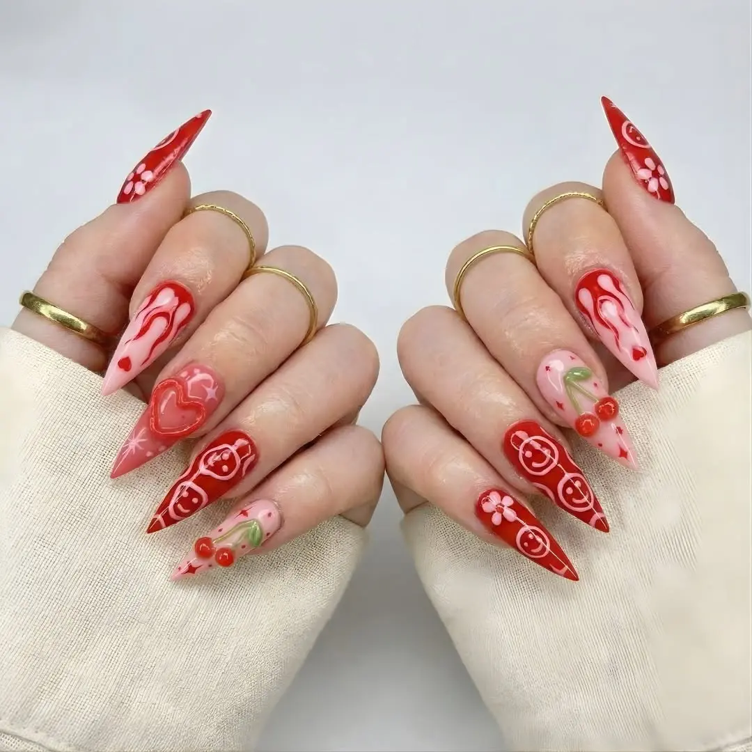 Charming red and pink floral nail art