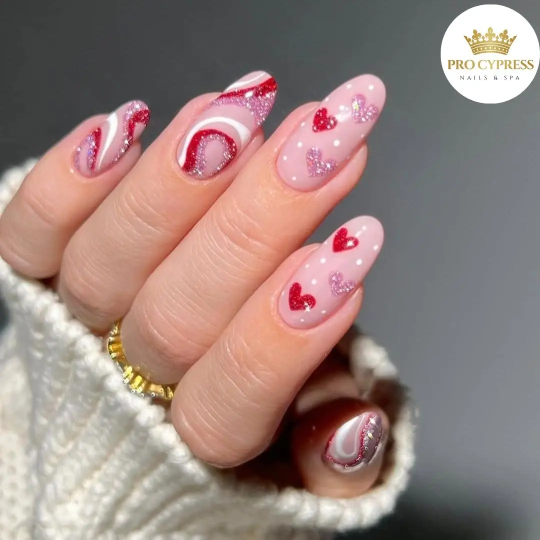 Chic Valentine's Nails with Glittery Hearts