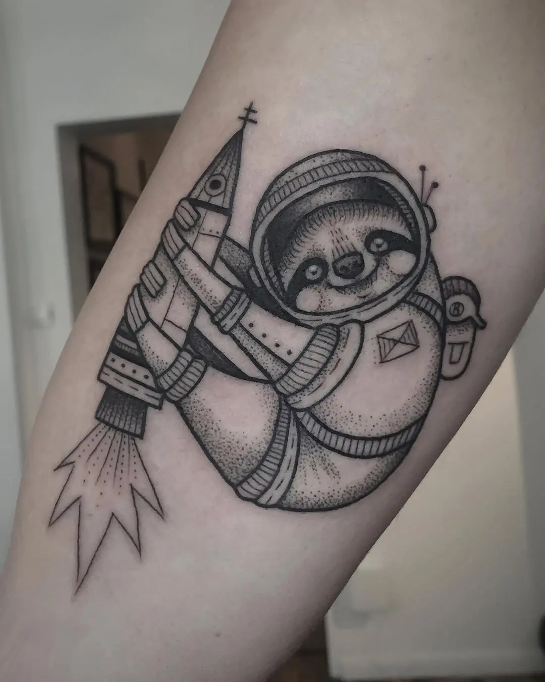 Adventurous sloth in astronaut attire with rocket