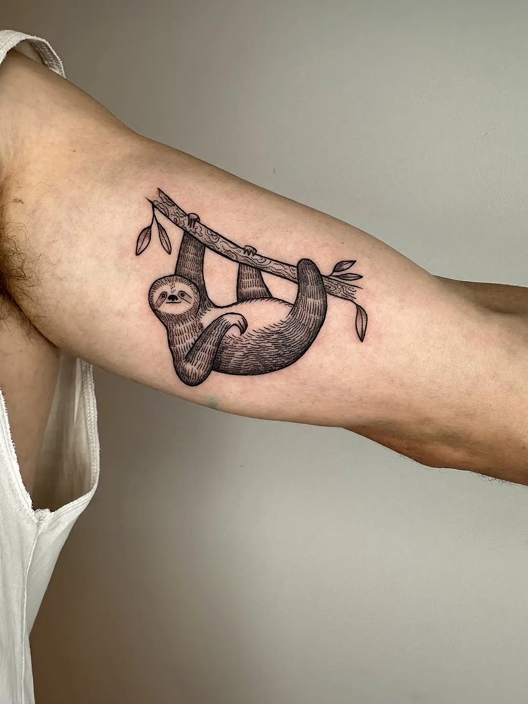 Charming sloth tattoo hanging from a branch