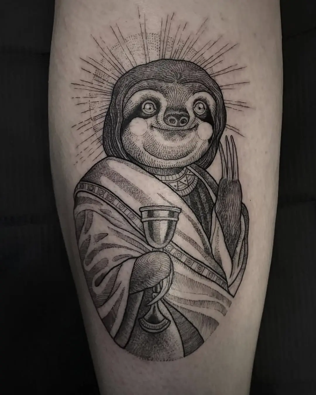 Whimsical sloth tattoo radiating positive vibes