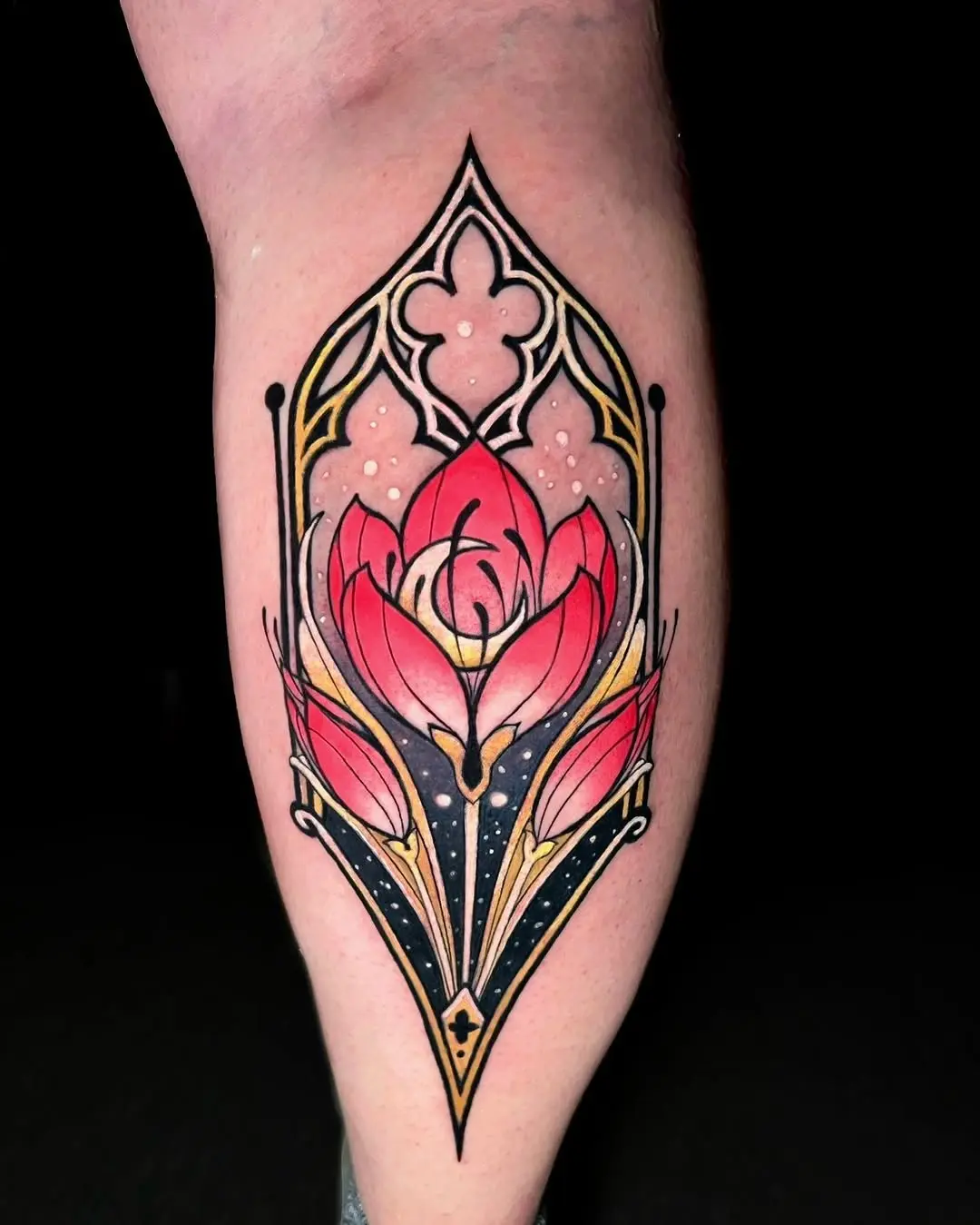 Vibrant floral art deco tattoo design