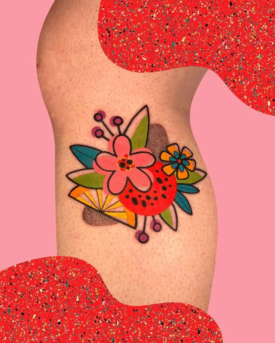 Vibrant art deco-inspired floral tattoo design