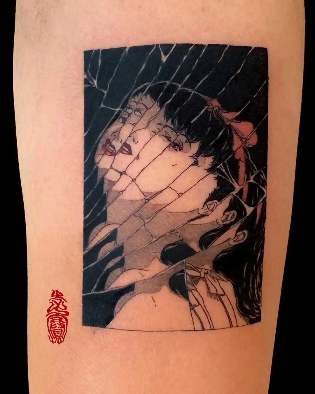 Intricate cracked mirror tattoo with a striking design