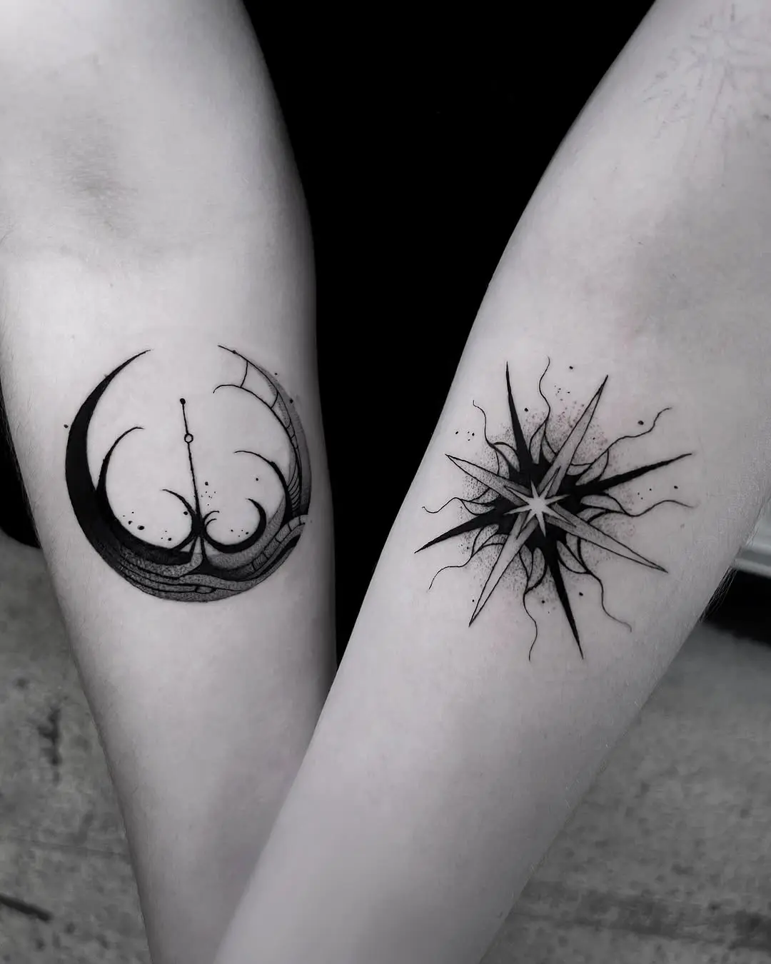 Elegant crescent moon and star tattoo design