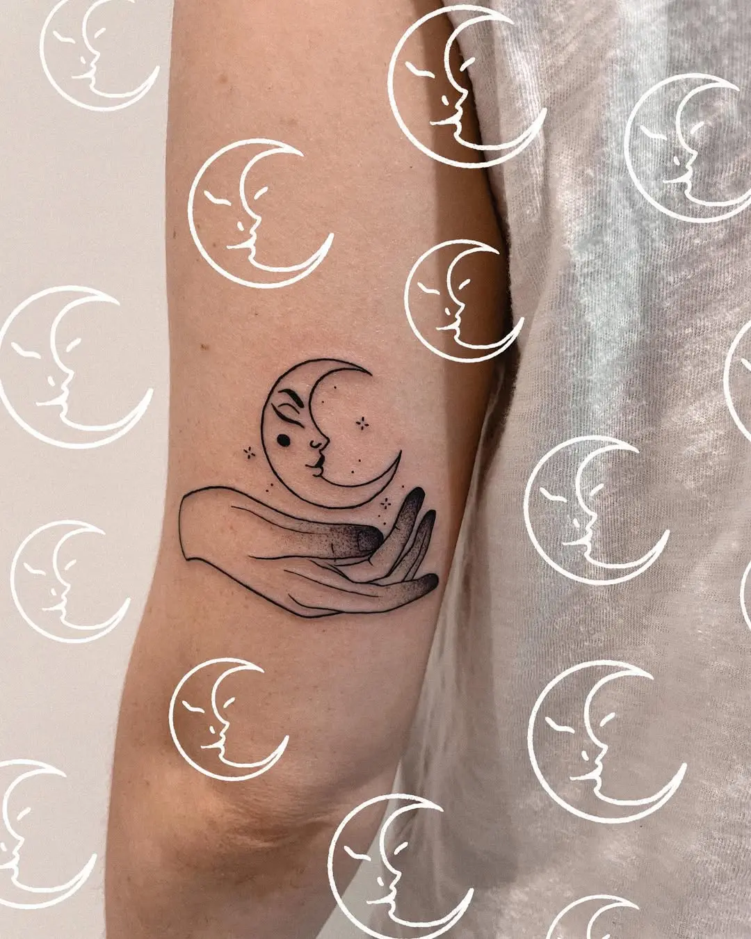 Elegant crescent moon tattoo with hands and face