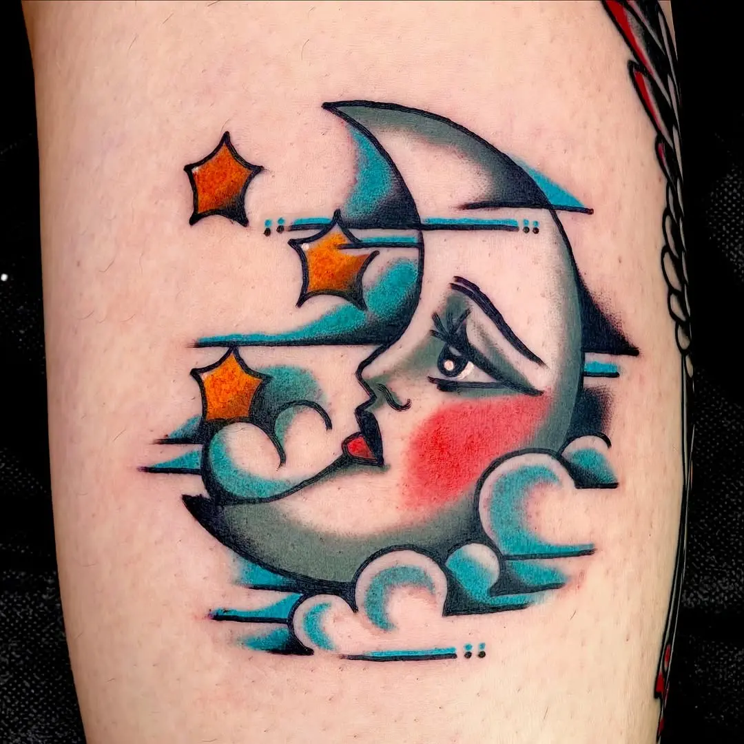 Artistic crescent moon with stars and clouds