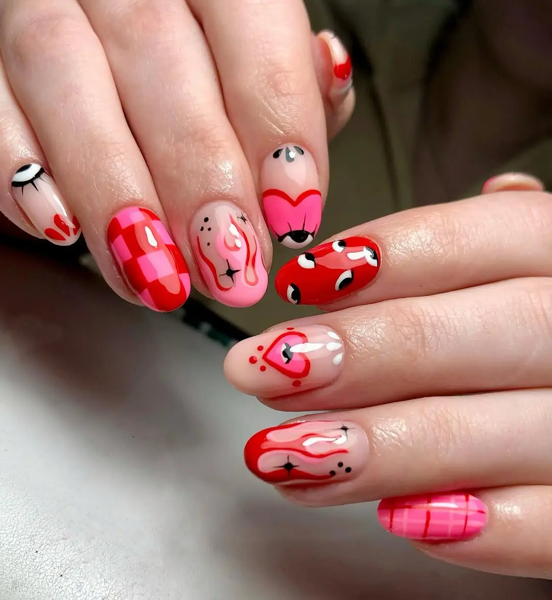 Playful February Nails with Heart and Eye Designs
