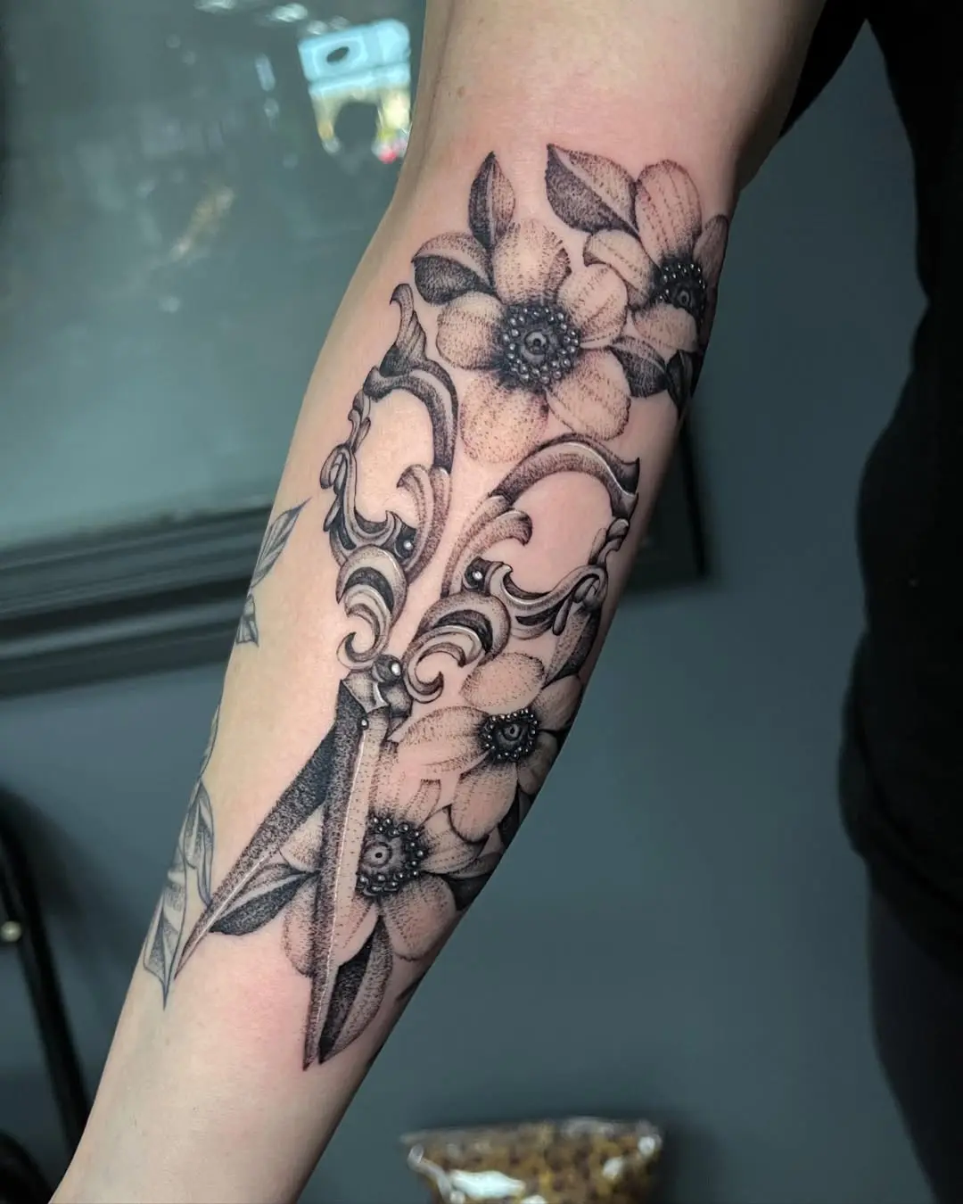 Intricate Scissors with Flower Accents Tattoo