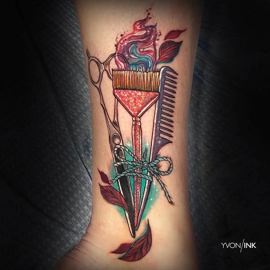Vibrant hair tools tattoo with artistic flair
